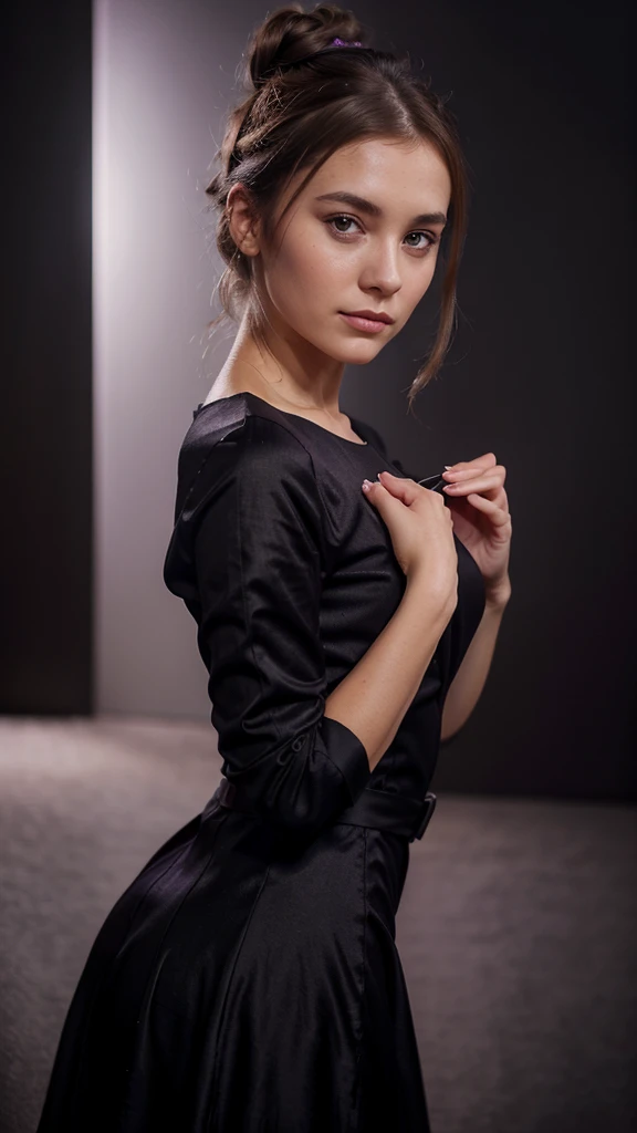 Beautiful european woman with brown hair, french bun hairstyle, hair, wearing black dress with lilac abstraction, holding lilac orchid, promotional image, looking at camera, dark background, casual pose, style of Anka Zhuravlyova, oil painting.