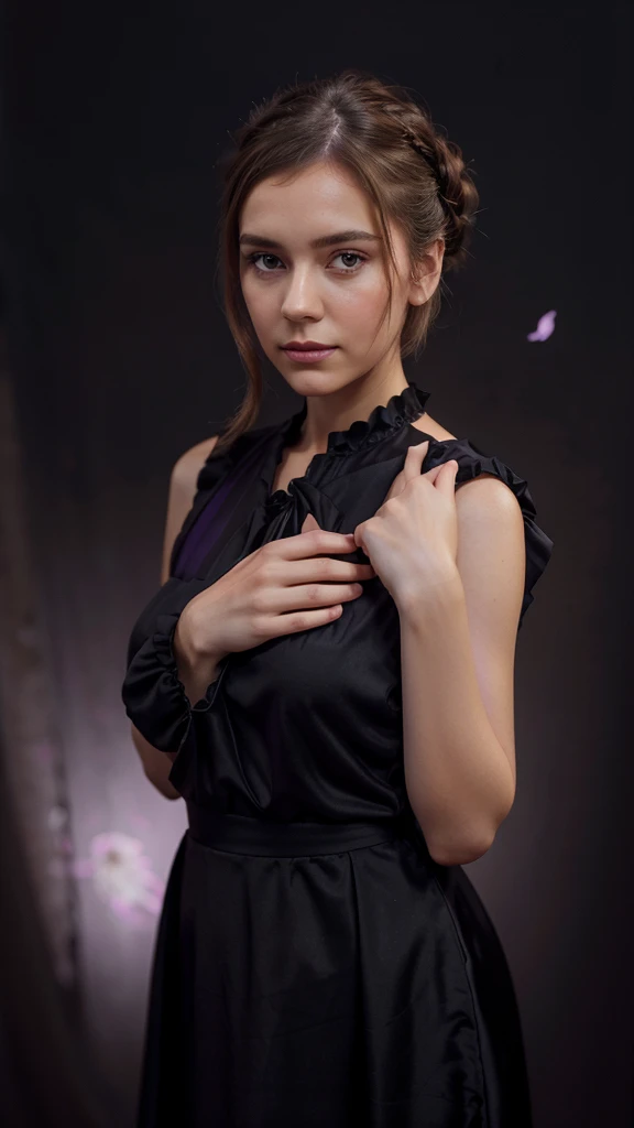Beautiful european woman with brown hair, french bun hairstyle, hair, wearing black dress with lilac abstraction, holding lilac orchid, promotional image, looking at camera, dark background, casual pose, style of Anka Zhuravlyova, oil painting.