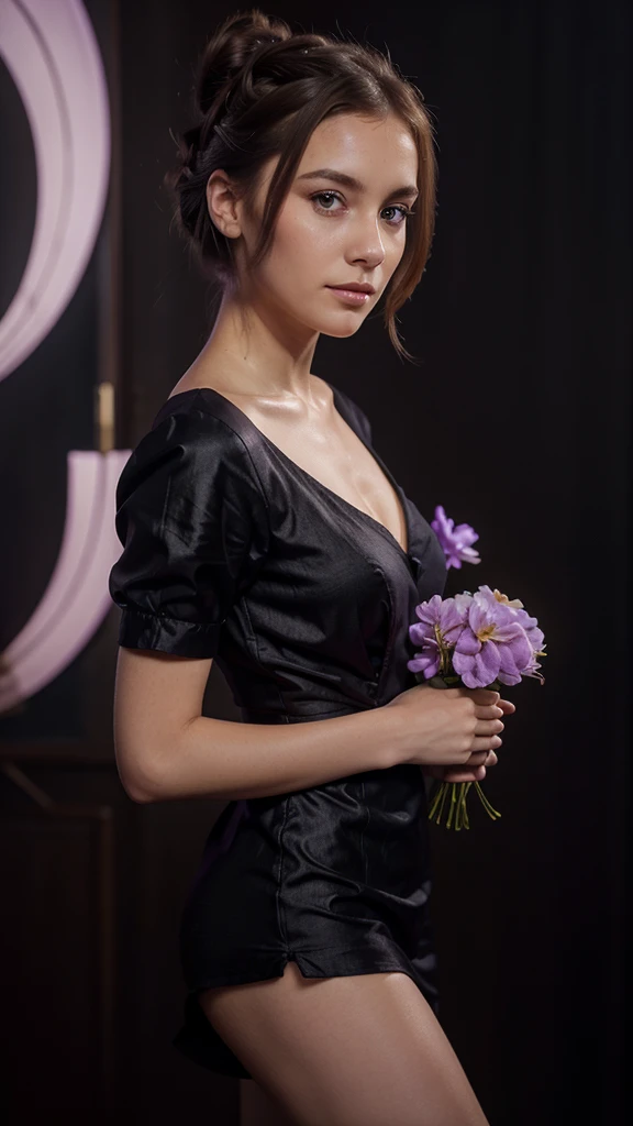 Beautiful european woman with brown hair, french bun hairstyle, hair, wearing black dress with lilac abstraction, holding lilac orchid, promotional image, looking at camera, dark background, casual pose, style of Anka Zhuravlyova, oil painting.