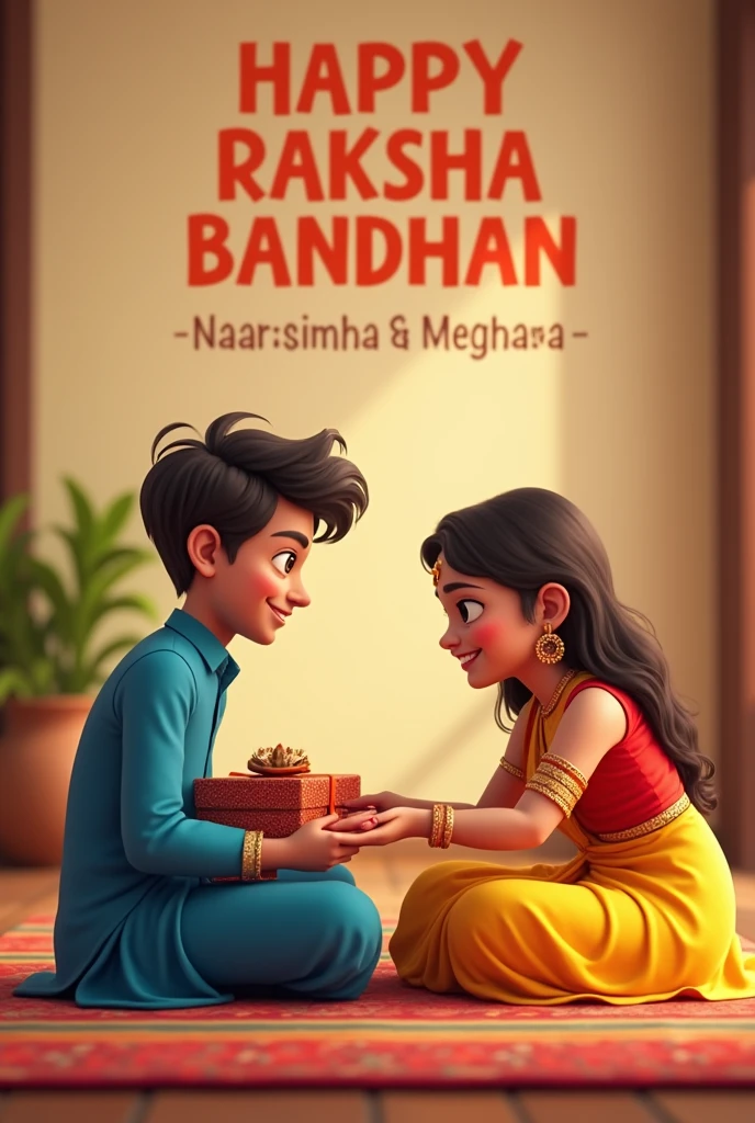 A realistic 20 year old Cute boy and girl are sitting face to face on a colorful mat in the home lobby, the boy has extended one of his hand forward And Girl tying Rakhi on brother's hand. boy is wearing a Blue colored kurta And the girl is wearing a yellow Lahenga, boy has a gift box in his other hand, is smiling, girl has applied tilak on his forehead, and on the wall in bold letters "HAPPY RAKSHA BANDHAN" "NAARASIMHA & MEGHANA" It is written, 4k image