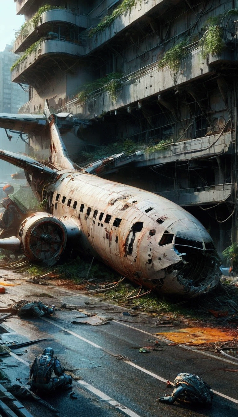 A city connected by countless walkways between high-tech skyscrapers and concrete, creating a complex urban network, photorrealistic, finely rendered textures in post apocalyptic environment, wasteland, ORANGE SKY, sunset with sun on the horizon, chuva pesada, puddles of water on the ground, smoke spots in some buildings, leaning buildings collapsing diagonally and falling sideways onto each other, There is an old, rusty, dirty, gray Boeing 747 plane that has crashed and fallen diagonally into the middle of the street and collided with a building., the plane is broken and dented, useless with the nose down.