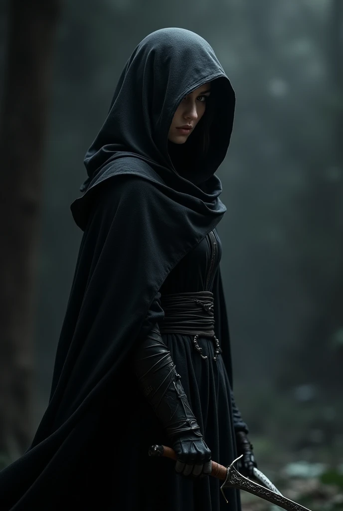 Satria wanita berhoodie serba hitam, covering his face while holding a sword. View from the side