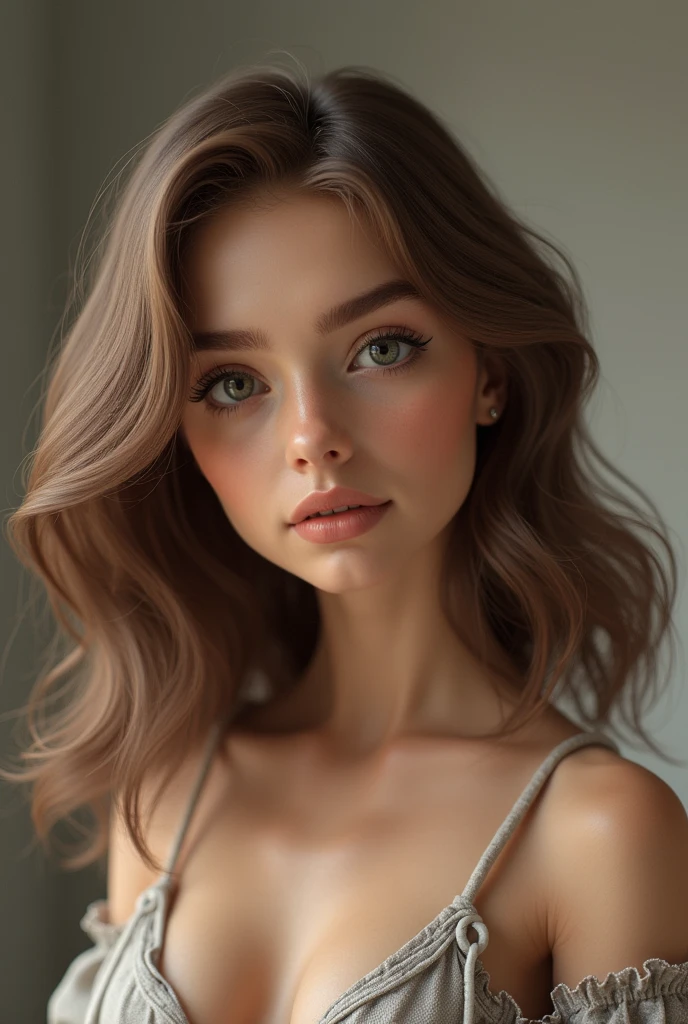 bon blonde girl , Bon, ultra realistic, middle hair, brown hair, good quality,with facial dimple, Age 19, pull gris, detailed skin, head of&