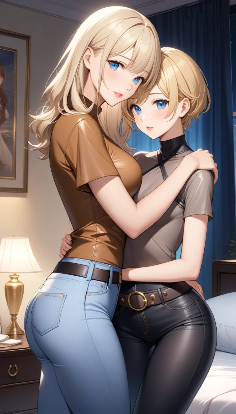 Two beautiful ladies ((lady 1: 35y old mom, with short straight blonde hair, lady 1 with blue eyes and caucasian skin, lady 1 wearing Tight Jeans and Leather Belt, lady 1 Sexy Criss Cross Mock Neck Short Sleeves Brown Blouse)), ((lady 2: 13y old daughter, with short straight blonde hair, lady 2 with blue eyes and caucasian skin, lady 2 wearing Tight Jean Shorts and Leather Belt, lady 2 Sexy Criss Cross Mock Neck Short Sleeves Grey Blouse)), luxurious jewelry, 18k gold wedding ring on left hand, standing in their bedroom at night, hugging and kissing each other, (light brown lipstick), (elegant mascara), (slim body), (small breasts), (wide hips), endjourney, <lora:GoodHands-, <lora:GoodLegs-, UHD, high resolution, (expressive eyes, perfect face, full body, expressive face, perfect body, perfect pussy, athletic, fit, slim body, blushing, Perfect makeup, eyeliner, beautiful eyelashes, smiling, horny face), ((best illumination, best shadows)), ((sexy pose)), ((Front pov:1.1))