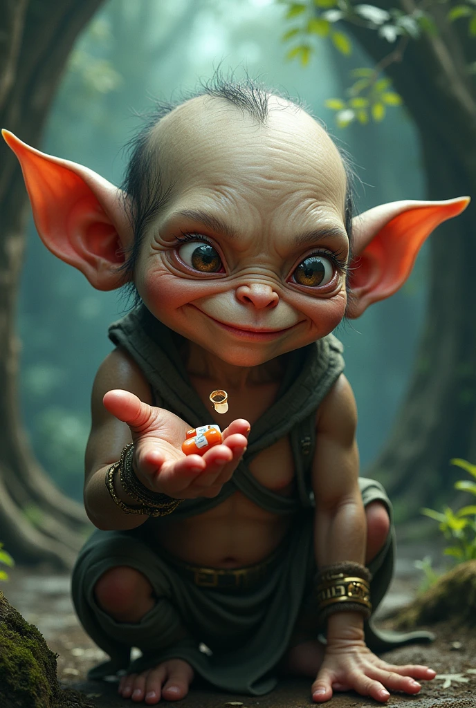 Based on the theme of Golum and the ring( my precious) Create an image that replaces the ring with a pill (drug that is used as medicine and comes in tablet form), Make the Gollun creature look a lot like the Lord of the Rings movie and smile tenderly, that does not look threatening , Use cheerful, not depressive colors