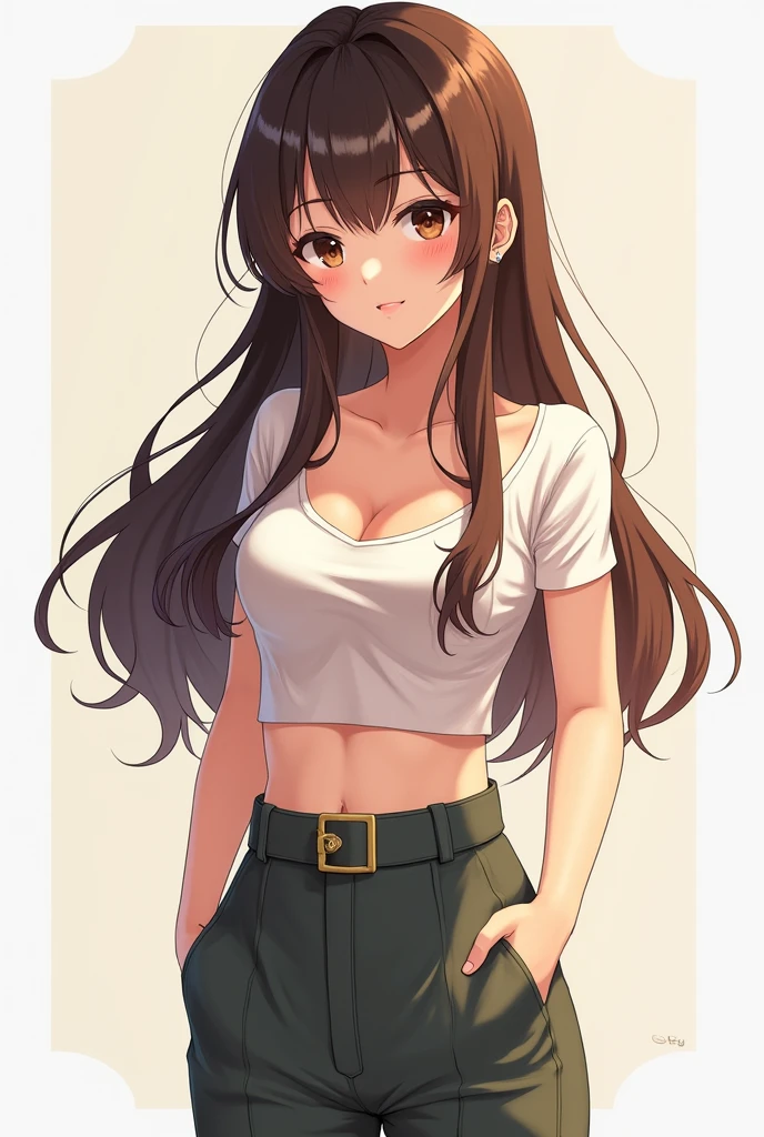 Show an image of an anime girl with long brown hair and curtain bangs, dark brown eyes, weighing 53 kg and standing 1.65 m tall. Capture her wearing high-waisted pants and a cropped top, focusing on her charming dimples and confident expression.