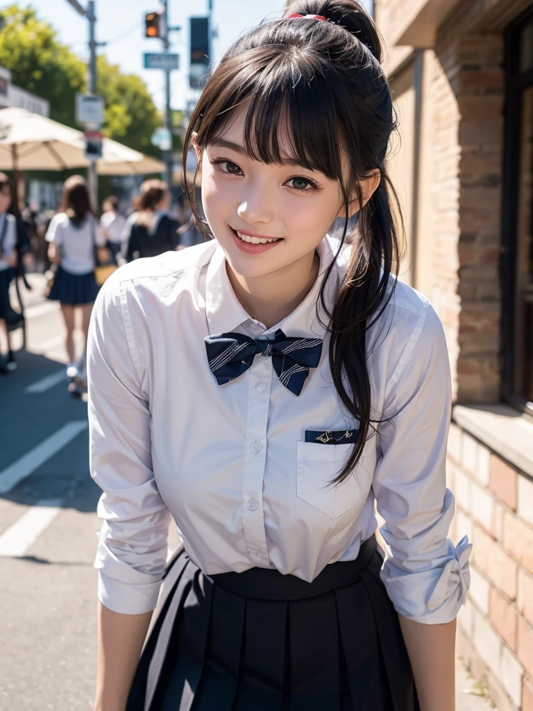 1girl, (16years old), solo, standing, (leaning forward), (bent over:1.2), closekup face, (tiny body:1.2), medium breasts, slim legs, from front, looking at viewer, ((masterpiece)), ((extremely detailed face)), best-quality, hyperrealistic, high-resolution, intricate detail,(beautiful detailed eyes and lips), (best-shadow an extremely delicate and beautiful), beautiful white skin, perfect anatomy, laugh, open mouth, short ponytail hair, blunt bangs, good ray, street, sun light, upper body, school uniform, skirt, bow tie