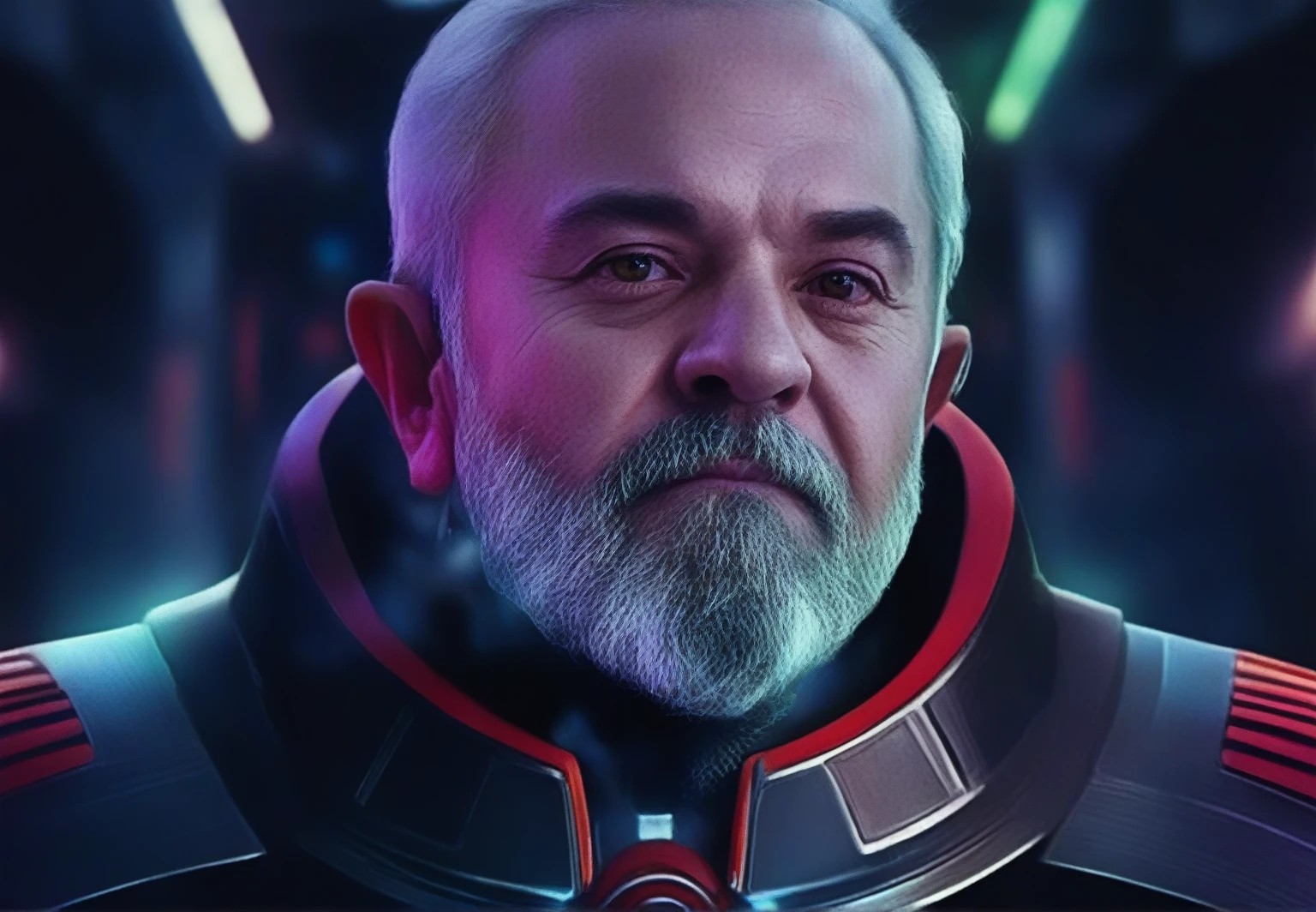 a close up of a man in a suit with a beard, by Julio González, old cyberpunk, Wojtek FUS, Joe Biden as a Sith Lord, Knights Templar in spacesuit, inspired by Lajos Vajda, portrait of a male hydromancer, by Raúl Martínez, Inspired by Ridley Scott, Evil space emperor, star wars style emperor outfit, his face is like Luiz inacio Lula da Silva from Brazil, his eyes are red, futuristic outfit, prometheus style, alien, ginger style, 8k black outfit, photo realistic, impressive, art station, concept art