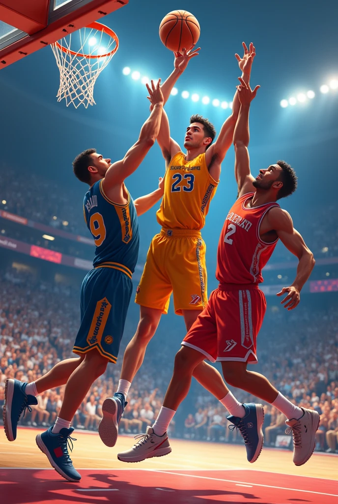 Make a picture of 3 basketball players and call them Ciga, Nacho y Gavai