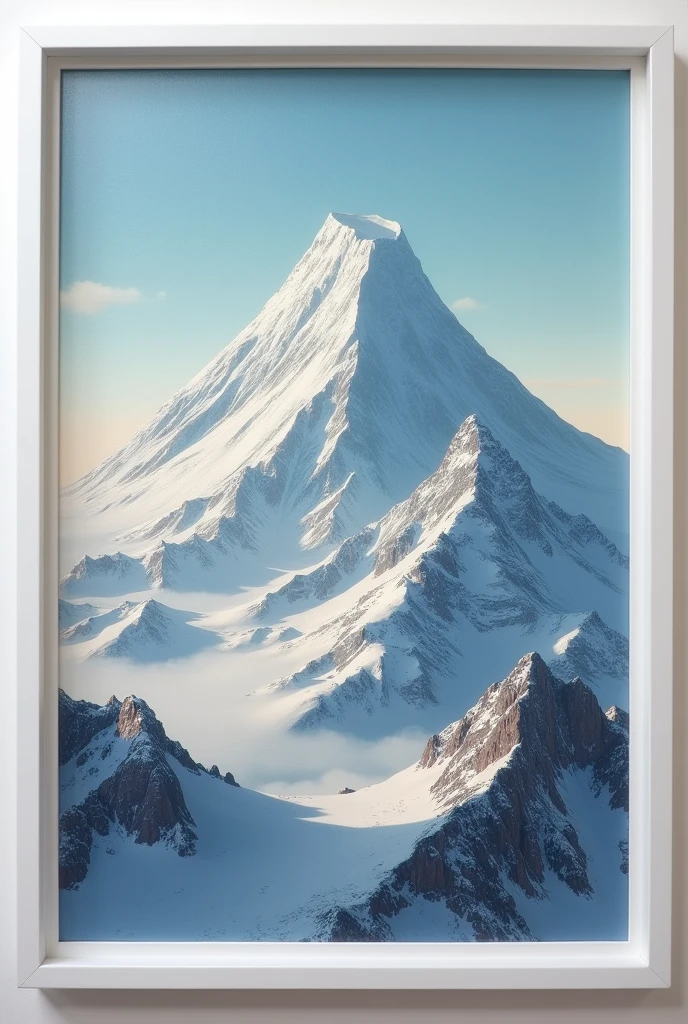Create an oil painting in a white frame where the Citlaltepetl volcano can be seen, the highest in Mexico, covered at its peak with a lot of snow and a small peak on the right side that serves as a viewpoint also covered in snow