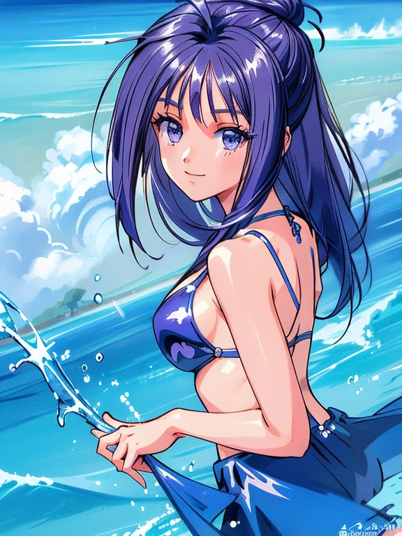 masterpiece, High resolution, Highest quality, Very detailed, Beach, ((masterpiece)),((Ayako Katagiri)),((Katagiri Ayako)),((Mischievous Smile)),Anatomically perfect fingers,Bikini Swimwear