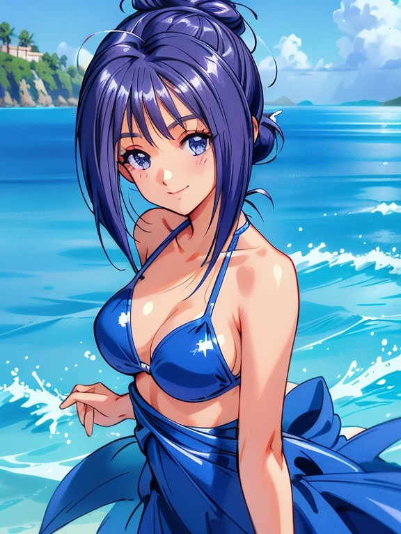masterpiece, High resolution, Highest quality, Very detailed, Beach, ((masterpiece)),((Ayako Katagiri)),((Katagiri Ayako)),((Mischievous Smile)),Anatomically perfect fingers,Bikini Swimwear