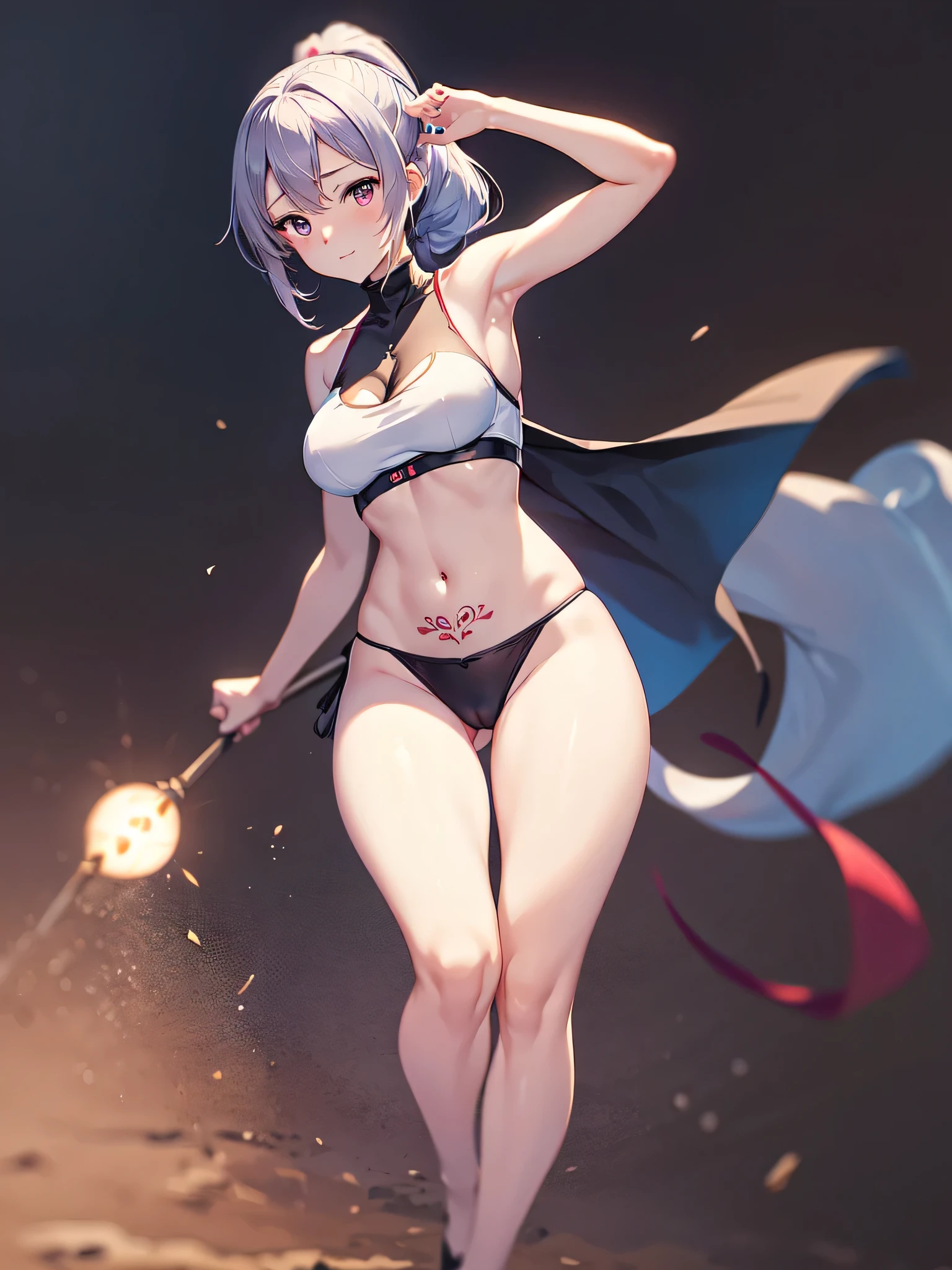 all intricate details, a anime fantasy picture of a girl character, 1girl view, solo, ????????, thighhighs, tattoo, long hair, navel, looking at viewer, black-red horns, crop top, a dragon in pubic tattoo, stomach, white-purple hair, long sleeves, short diamond armor, firm ???????, ??????????????, black thighhighs, shirt, black footwear, thighs, bright light purple eyes, closed mouth, ???? pose, random angle, power stance, random background