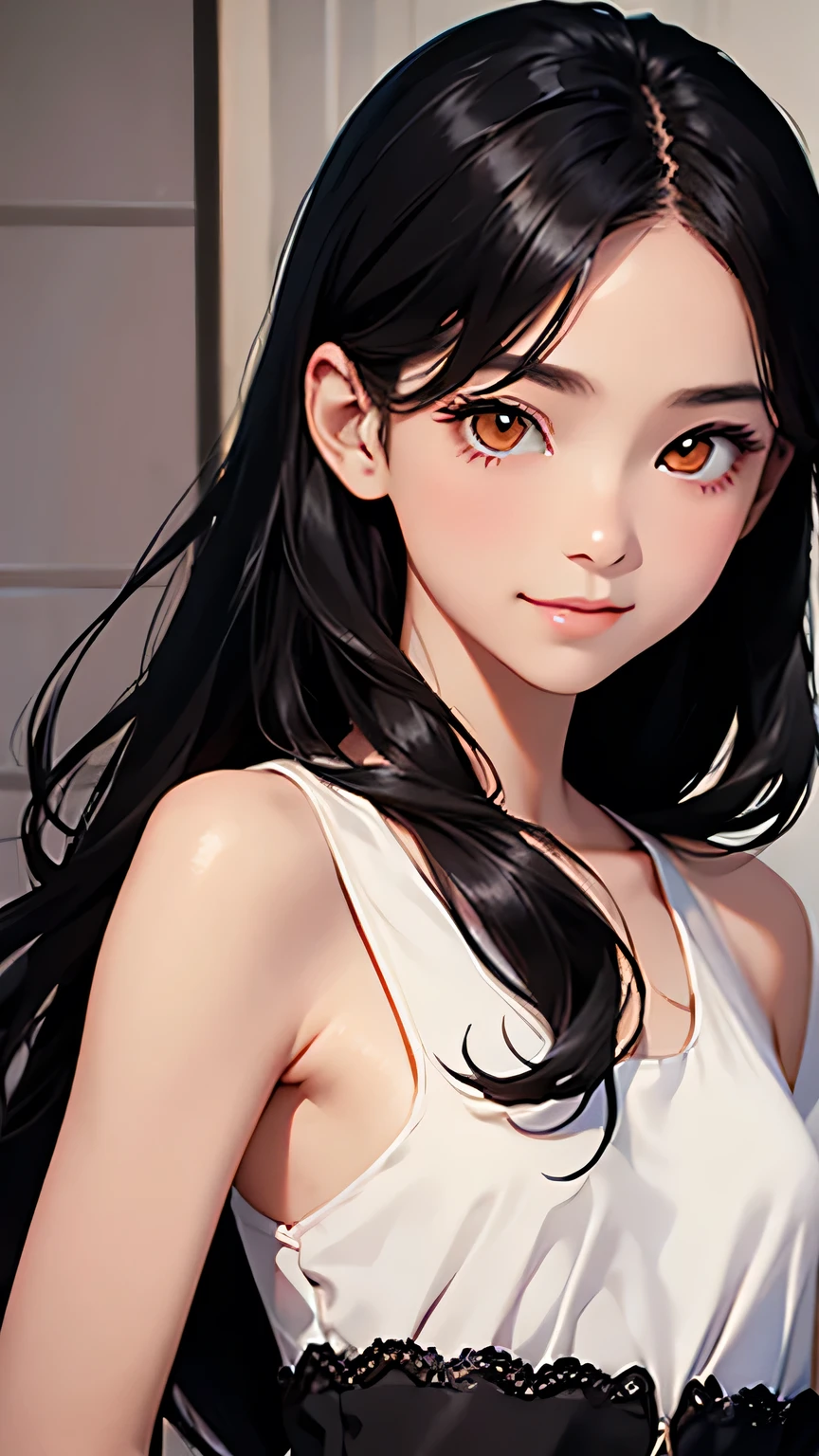 Highest quality、Realistic、girl、、zoom、Orange eyes、Black Hair、White dress、slender、Small breasts、Inappropriate smile、Bedroom、Bust Shot、