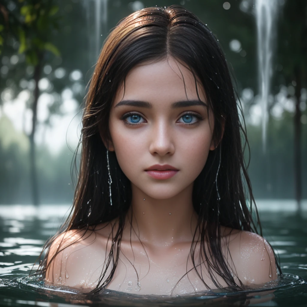 Beautiful masterpiece, best quality. Portrait of a age girl half submerged in water. Long dark brown hair, lake blue eyes, wet, water droplets on face and body. Natural poses, rain, 30k, 3D, dramatic lighting, cinematic lighting, shallow depth of light, smooth skin details, high details, sharp focus, HDR, sharp eyes, , Volumetric lighting, Tanvir Tamim, metallic reflections, UHD, hyperreal