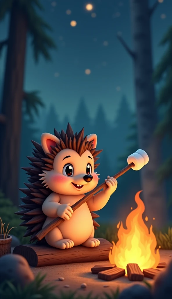 A cute and charming hedgehog character is roasting marshmallows over a cozy campfire. The hedgehog sits comfortably on a small log, carefully holding a stick with a marshmallow at the end, watching intently as it toasts to a perfect golden brown. The warm glow of the fire illuminates the hedgehog's happy expression, its eyes reflecting the flickering flames. Around the campfire, a peaceful forest setting unfolds with tall trees, a starlit sky, and the gentle sounds of crackling wood. The atmosphere is filled with warmth and camaraderie, as the hedgehog enjoys the simple pleasure of roasting marshmallows under the night sky. This heartwarming scene captures the hedgehog's love for nature and the cozy joy of a campfire treat, highlighting its playful and endearing spirit.