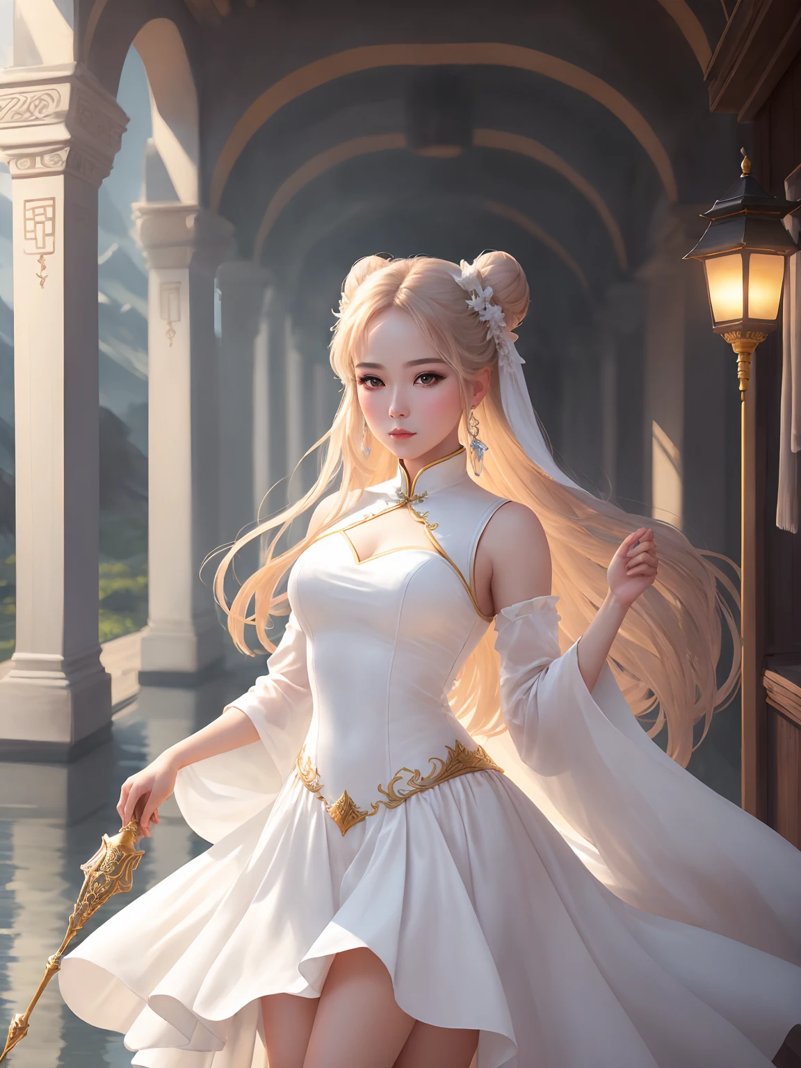 Better image quality, Masterpiece level, ultra high resolution, Realism, fantasy theme, Weapons, Facial details, A woman, single, Bun, fairy tale theme, Upper part of the body, china architecture, fire, get detailed outdoor lighting and movie lighting, Increase detailed overall ambient light, details of face and eyes, mejorar el Realismo de los detalles del cuerpo, clearly express sharp focus, expressionless, White clothes, by burdeos, bright Eyes, simple background.