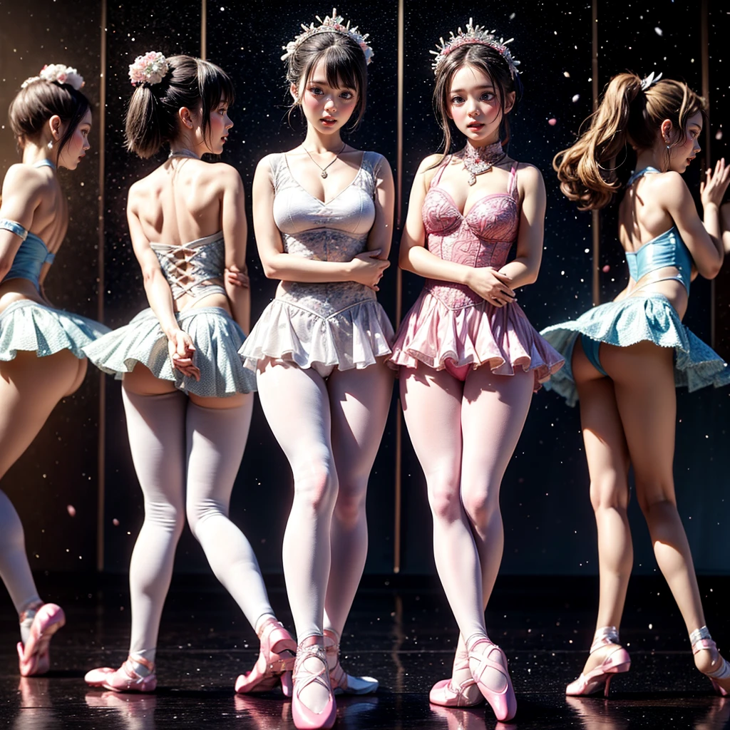SFW, ExtremelyDetailed (((Kawaii Ballet Girls Group in a row:1.37))), Childish perfect face, Reflective Eyes, Detailed(Delicate Clothing textures), corrected hand, Dynamic Joyful Expressions LifeLike Rendering, (Specular Reflection:0.2), TopQuality 8K Ultra-detailed masterpiece (Professional REAL CG:1.37), (Acutance:0.8), (Luminism:1.28), ( Colorful Light particles:0.75), (Muscle:-0.5), facing away (from side ) (Clearly visible Beautiful hip shape)