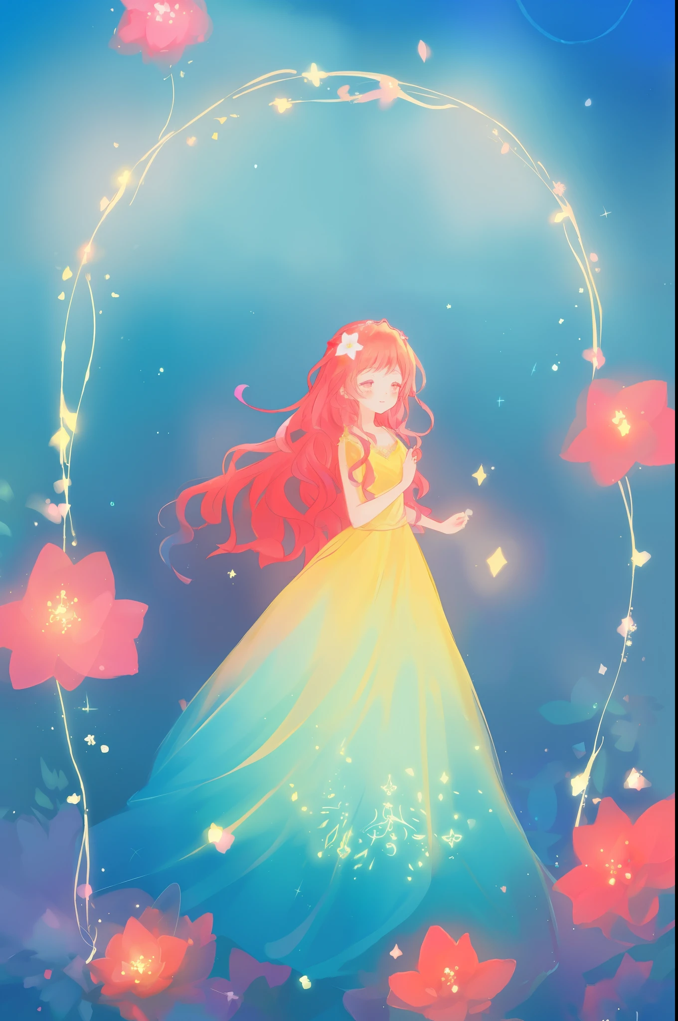 beautiful anime girl in flowing layered ballgown, vibrant pastel colors, (colorful), magical lights, magical flowers, flowers, glowing lights, red pink long wavy hair, sparkling lines of light, inspired by Glen Keane, inspired by Lois van Baarle, disney art style, by Lois van Baarle, glowing aura around her, by Glen Keane, jen bartel, glowing lights! digital painting, flowing glowing hair, glowing flowing hair, beautiful digital illustration, fantasia background, whimsical, magical, fantasy, beautiful face, ((masterpiece, best quality)), intricate details, highly detailed, sharp focus, 8k resolution, sparkling detailed eyes, liquid watercolor