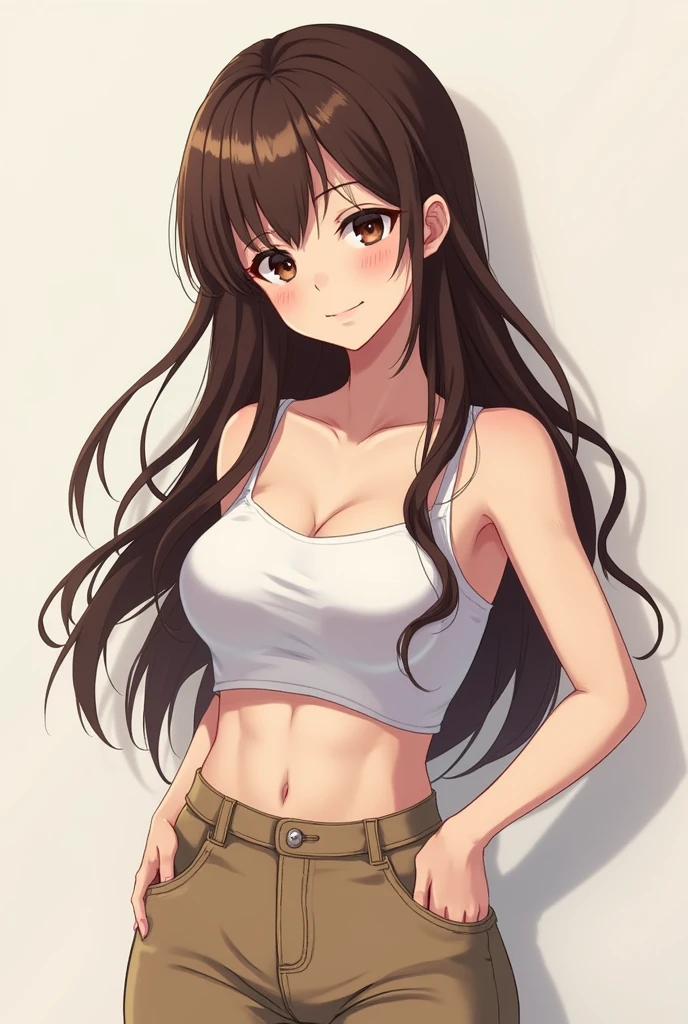 Show an image of an anime girl with long brown hair and no bangs, dark brown eyes, weighing 53 kg and standing 1.65 m tall. Capture her wearing high-waisted pants and a cropped top, focusing on her charming dimples and confident expression.