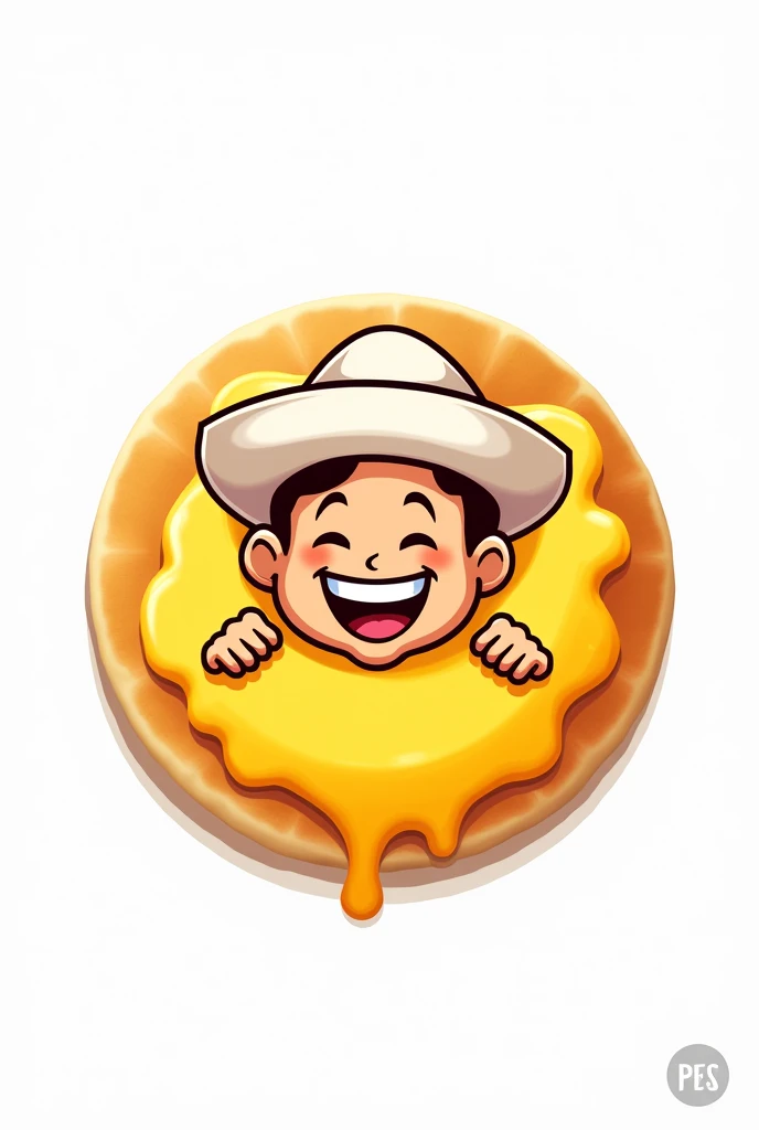 Logo of a round white arepa with Colombian cheese, cin Carriel paisa cartoon type with white hat from Aguada, happy, all on white background 