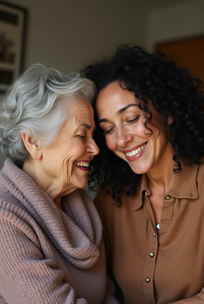 86-year-old mother with her 55-year-old black-haired daughter