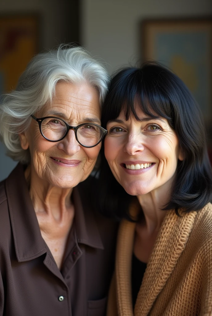86-year-old mother with her 55-year-old black-haired daughter