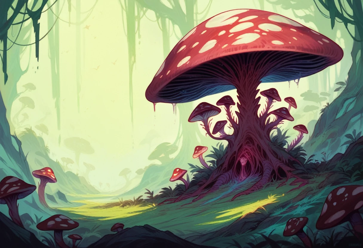 Surreal alien mushroom world, unique geological formations, exotic plants or creatures, atmospheric lighting, cinematic depth.