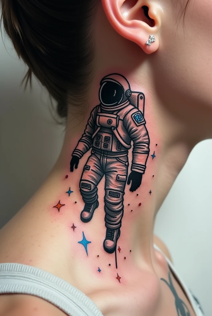 Please I would like unique and creative ideas for simplified astronaut tattoo designs with geometric shapes, tattoo on the side of the neck, retro synthwave style, astronaut floating in the universe black lines, arte tattoo