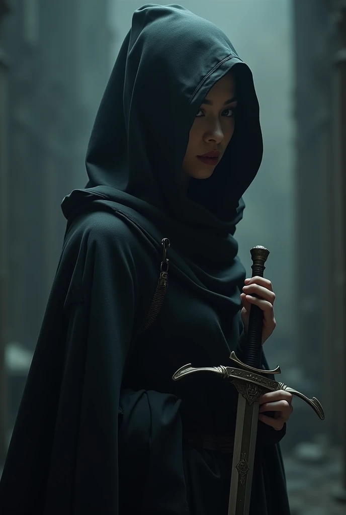 Satria wanita berhoodie serba hitam, while holding a sword. View from the side