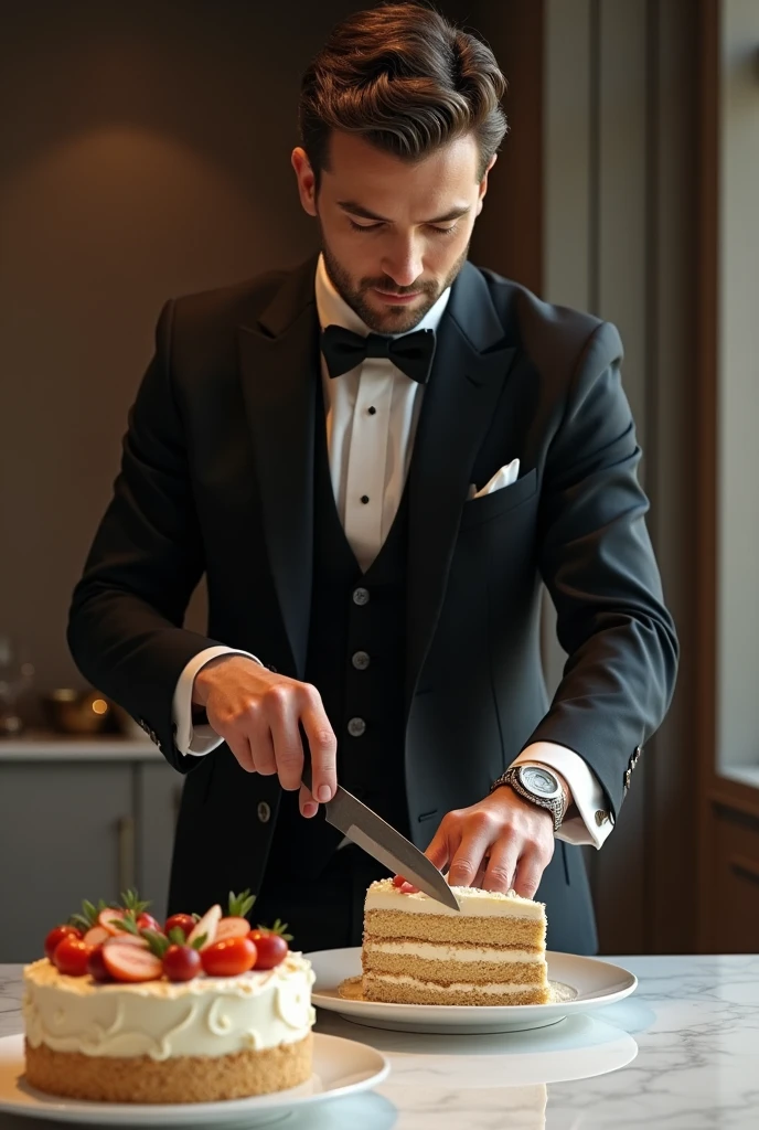 A man cutting cake with knife in stylish pose
