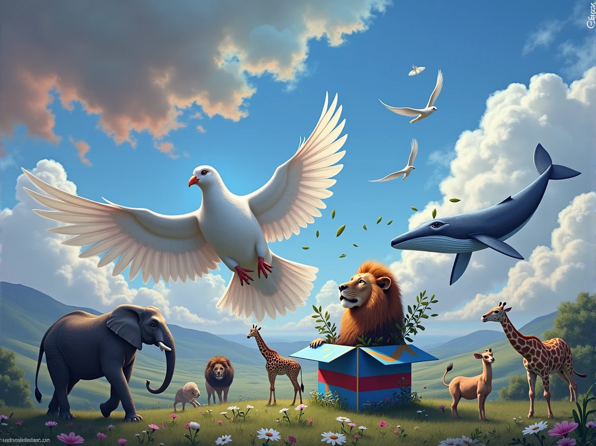 Accord　Connectés par les racines du caractère national　Motif de signe de paix avec drapeau national　Un gros pigeon　feuilles d&#39;olivier　Ciel irisé　Coloré　Des animaux surgissent d&#39;une boîte à surprise en forme de globe　lion volant　éléphant volant　Girafe volante　Baleine volante tigrée　Construction à double hélice　infini　Ruban de Möbius