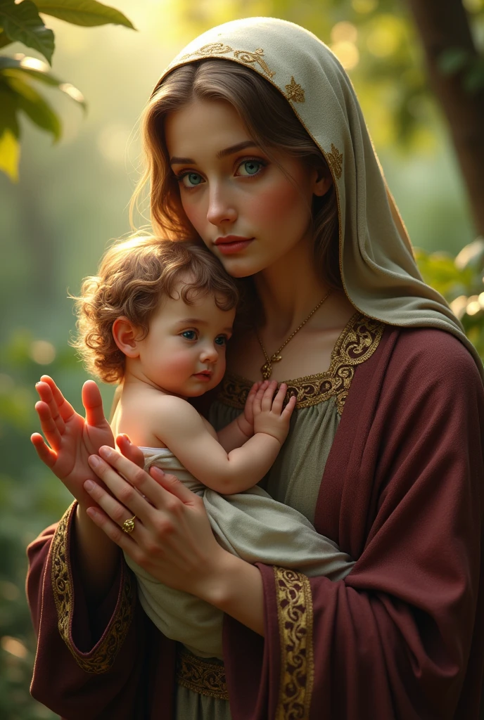 Perfect hand 5 finger, Portrait of a beautiful virgin mary and baby Jesus Christ. wearing maroon clothes  shining the light from her head and heart all over in the garden of Eden, virgin mary and baby Jesus Christ, real blue eyes, sunny day, intricate details.real virgin mary and baby Jesus Christ, straight head face, Straight body.Prayer virgin mary and baby Jesus Christ, perfect full body,  perfect hands finger,Prayer virgin mary and baby Jesus Christ, praying virgin mary and baby Jesus Christ backgrounds natural photographic
