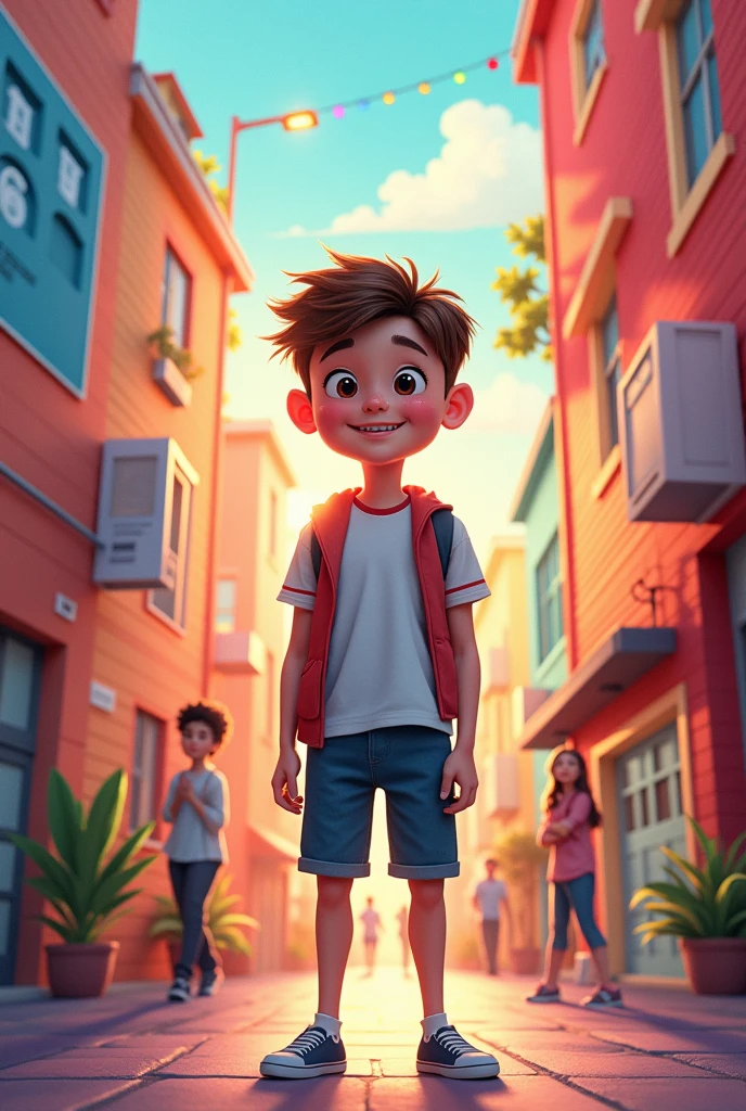 a main boy and in the background larger and more colorful elements about comprehensive sexual education. With rainbow colors.