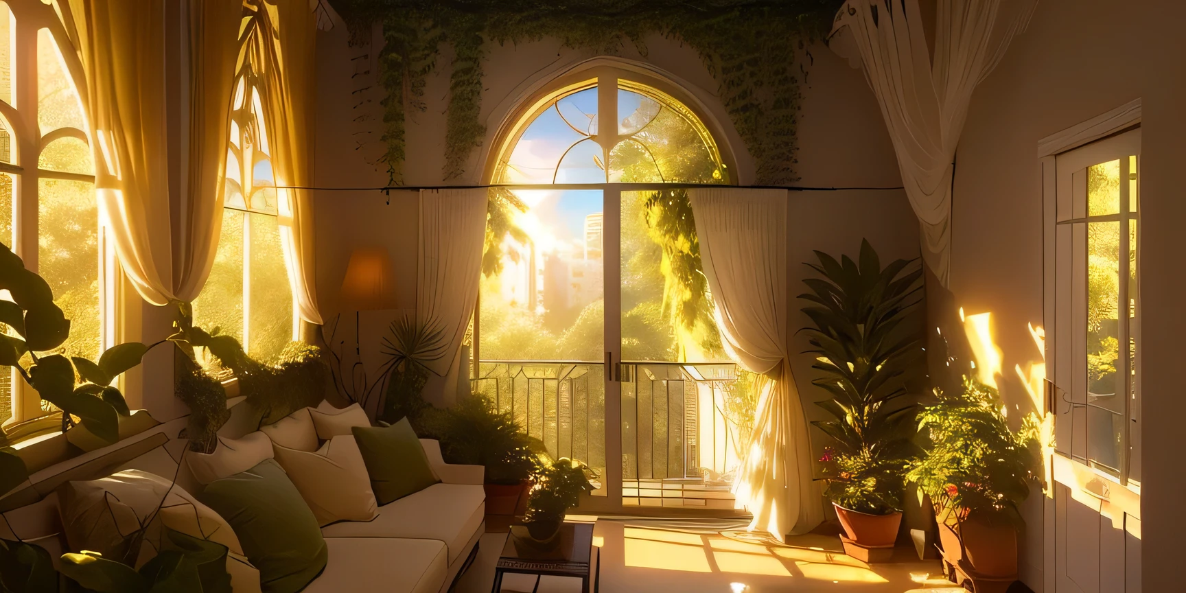 Sunlight shines through curtained windows and balconies, Archway made of lush greenery, Connecting with nature through vines, Morning Light, Golden hour sunlight, radiant Morning Light, Afternoon Sunshine, sunlight pouring through window, Lush scenery, Morning Sunshine, hanging vines, Vines Cover, The warm sun shines in, Outdoor greenery, early Morning Light, Balcony scene, summer Morning Light