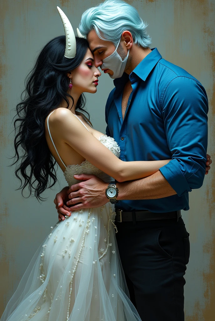 A black haired woman, with white horns and a half-destroyed white dress being fucked in the anus by a tall man, With a blue shirt, Black pants, Red eyes, light blue hair, colmillos en vez de dientes e Red eyes, while his face is covered by a mask