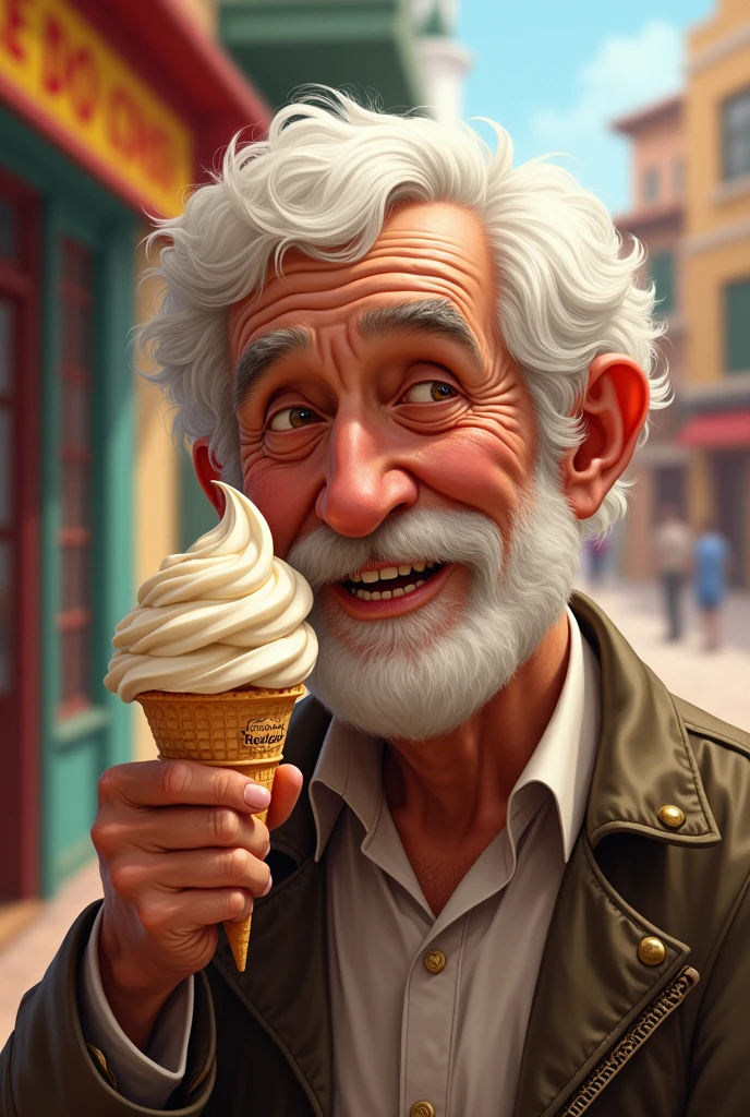 Create a Grandpa with an ice cream in his hand that says Helados Rigó