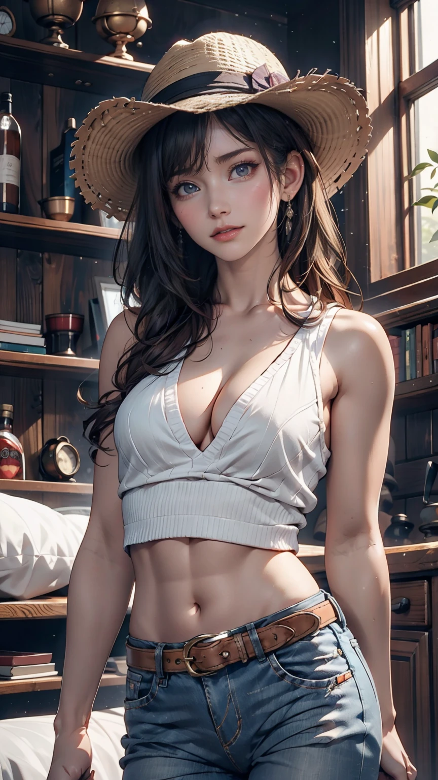 One girl, boots、24-year-old woman、Attractive Young Woman, (Beautiful Face:1.1), Detailed eyes, Seductive lips, (eye make up:1.2), (Medium chest:1.0), (Toned body:1.2), Sexy proportions、Narrow waist、western drama、Fringed vest、Faded jeans、gun belt、Cowboy hat、gun beltを握る、western drama背景