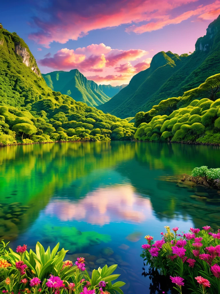 (best quality,4k,8k,highres,masterpiece:1.2),ultra-detailed,(realistic,photorealistic,photo-realistic:1.37),serene landscape,picturesque "Imagine an unforgettable landscape that reveals the beauty and greatness of God in every realistic detail. It is a scenario that transcends human understanding, onde a natureza se une em harmonia para criar uma obra-prima divina. Nesta paisagem, you find yourself in front of majestic mountains, that stand towering towards the sky. Suas alturas parecem tocar as nuvens, while its slopes display lush vegetation, a tapestry of green tones and colorful flowers. Nos vales abaixo, clear rivers flow serenely, reflecting the sunlight that shines brightly in the sky. The water is crystal clear, como se fosse um espelho que revela a pureza e a vida que carrega. Em suas margens, Shade trees provide shade and shelter for a wide variety of animals and birds, that seem to dance in harmony with nature. No horizonte, The sun sets in a divine spectacle. O dourado, Orange and pink colors paint the sky in a true celestial picture. It's as if God is pouring His palette of colors into the world, creating a spectacle of light and beauty impossible to replicate. When contemplating this magnificent landscape, you feel the presence of God in a deep and comforting way. The grandeur of divine creation is evident in every detail of the landscape. Todas as montanhas, todos os rios, every ray of the sun is a testimony to the power and beauty of God. Nesta paisagem that shows the beauty of God, You feel small in the face of the vastness and perfection of creation. It is an invitation to marvel at the divine work, agradecer pelas maravilhas da natureza, e se sentir conectado ao divino. It is a reminder that God is present in all things, in the beauty of nature and in the depth of our hearts.