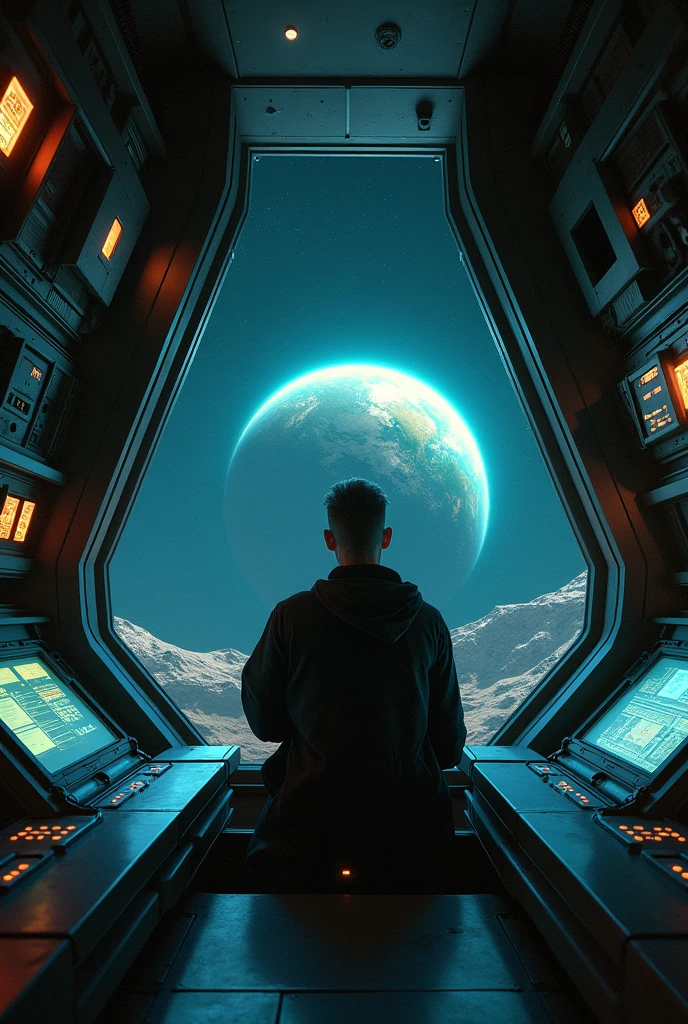 Alien spaceship with a person sitting inside with space and planet earth in the background