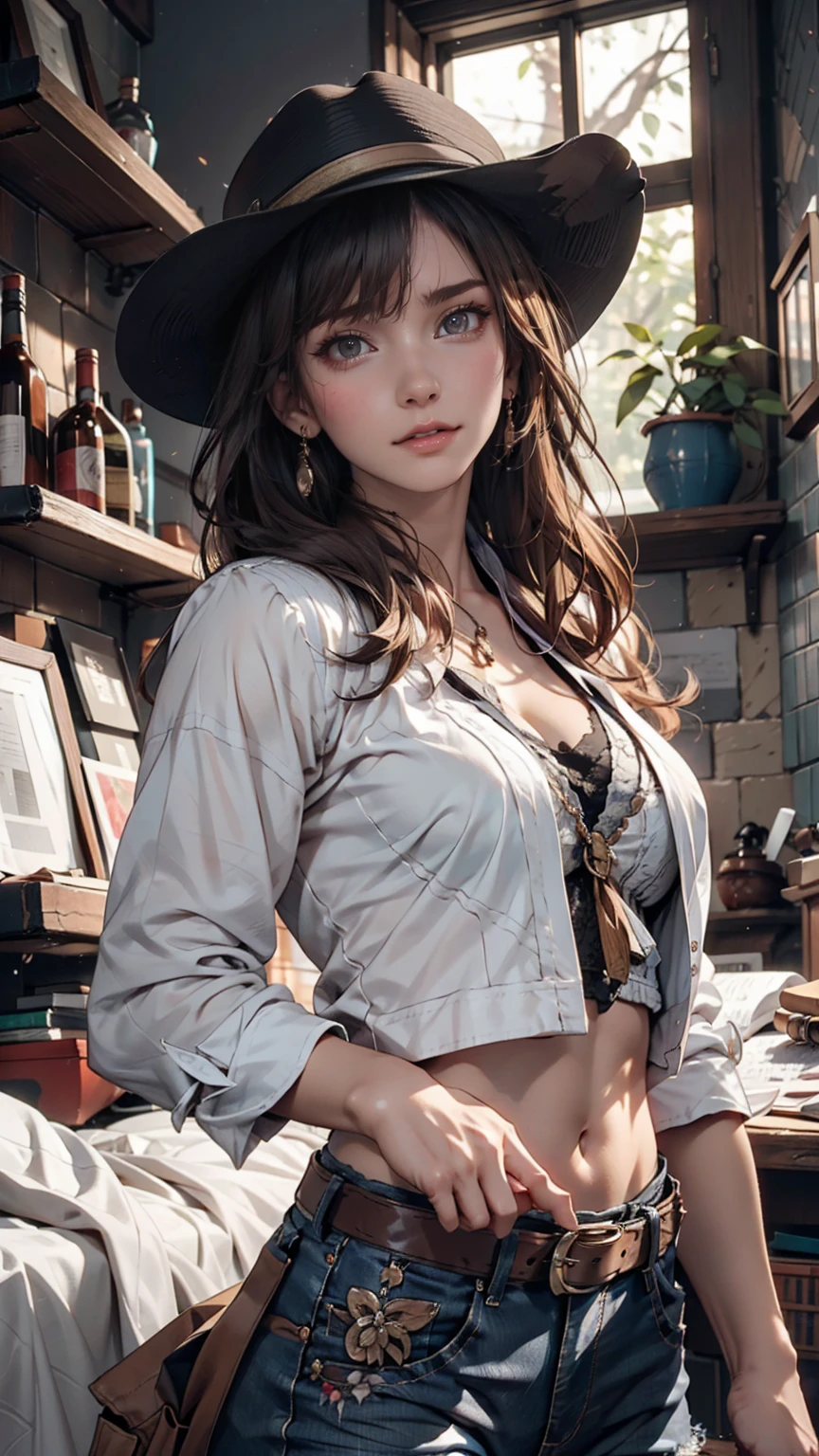 One girl, boots、24-year-old woman、Attractive Young Woman, (Beautiful Face:1.1), Detailed eyes, Seductive lips, (eye make up:1.2), (Medium chest:1.0), (Toned body:1.2), Sexy proportions、Narrow waist、western drama、Fringed vest、Faded jeans、gun belt、Cowboy hat、gun beltを握る、western drama背景