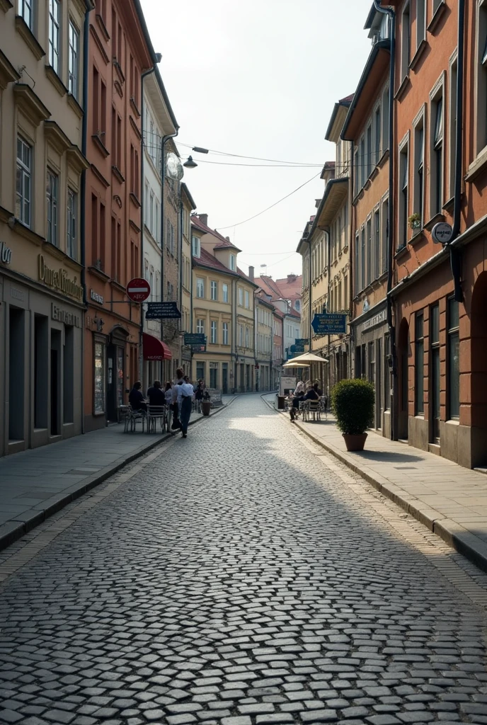 Road with cobblestones forming circles of 8 meters wide with a 1 meter sidewalk.50 meters with modern town around and signs 