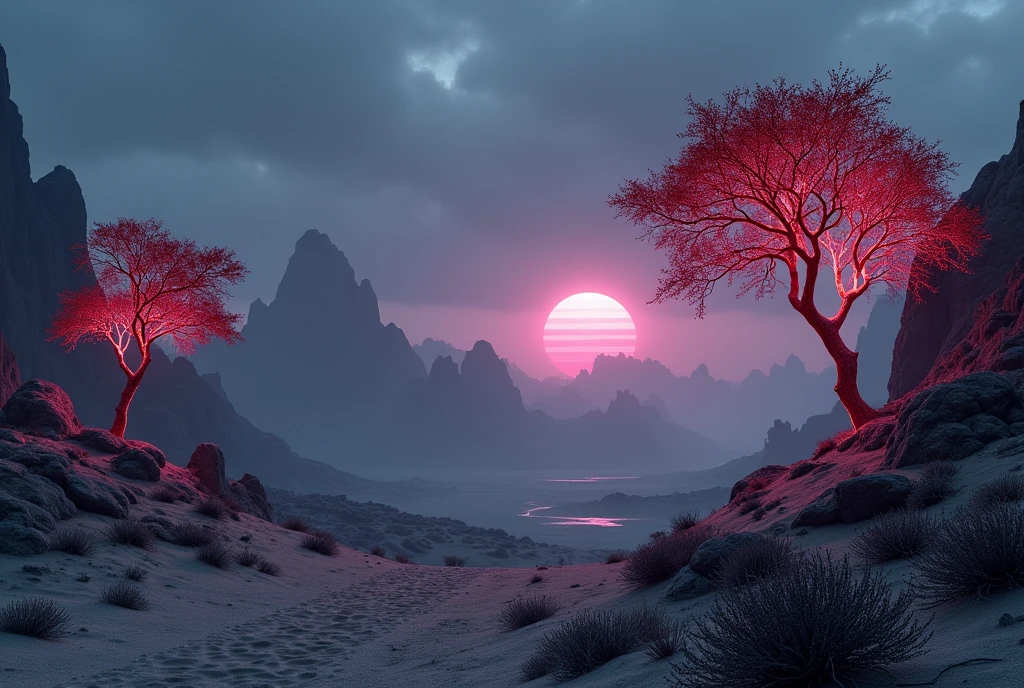 Realistic medieval desert landscape and grayish, with leafy trees and leaves that glow in neon colors standing out in the landscape