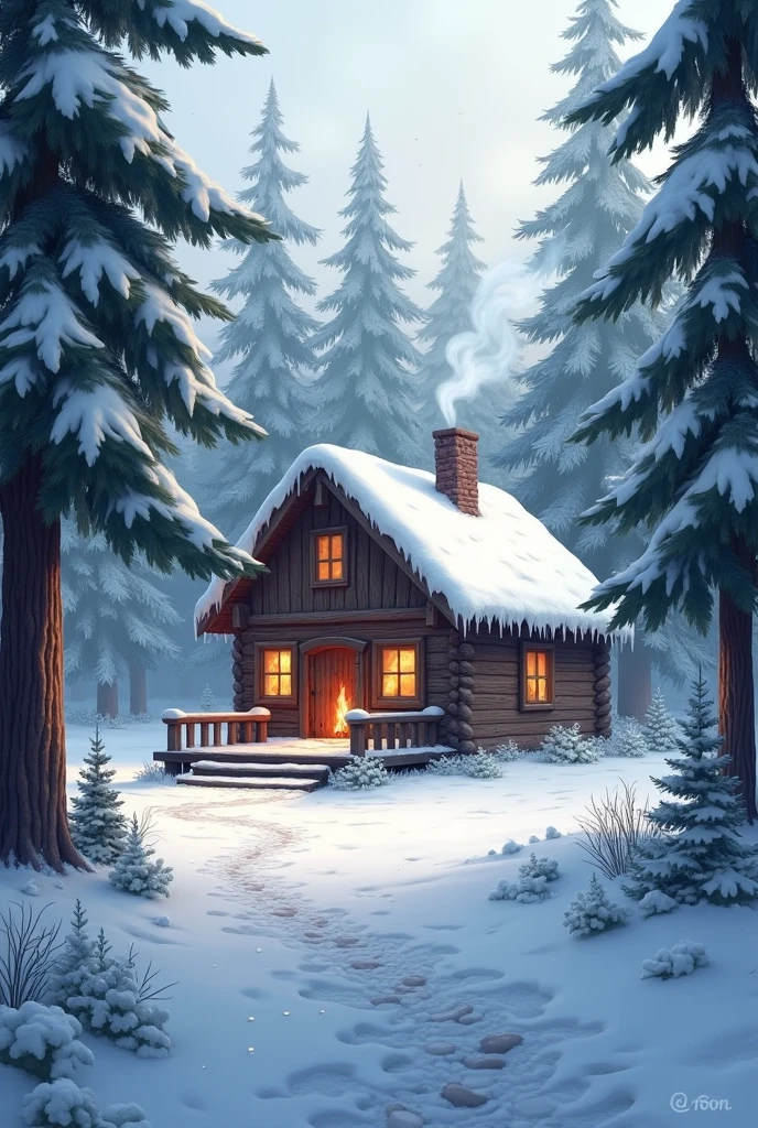 A cabin in the middle of the snowy forest with a working fireplace