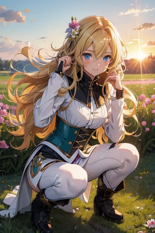 Anime style 21-year-old female character with blond, waist-length, wavy hair, V bangs, and blue eyes, squatting in a spring field at sunset, viewed frontally. She appears tired and is panting, with sweat on her forehead, dressed in a white blouse with a chocolate-colored corset over it, skinny tight blue jeans, and high boots. The background is a vibrant spring landscape with blooming flowers, green grass, and a warm sunset glow, creating a peaceful yet dynamic setting.