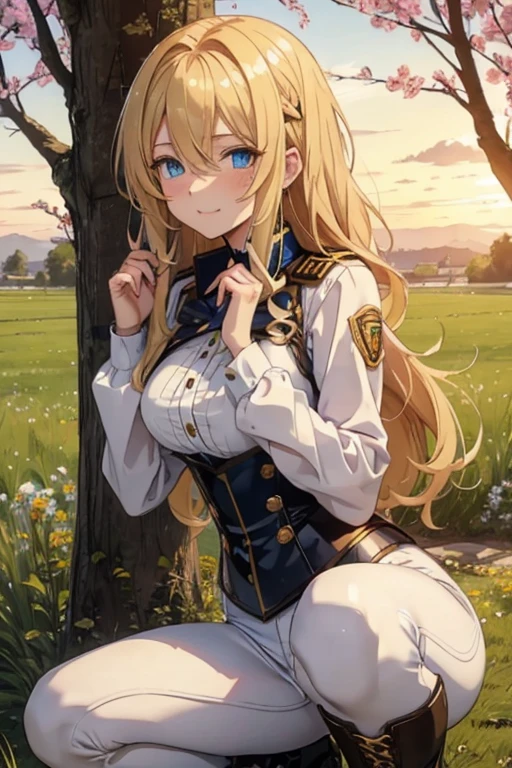 Anime style 21-year-old female character with blond, waist-length, wavy hair, V bangs, and blue eyes, squatting in a spring field at sunset, viewed frontally. She appears tired and is panting, with sweat on her forehead, dressed in a white blouse with a chocolate-colored corset over it, skinny tight blue jeans, and high boots. The background is a vibrant spring landscape with blooming flowers, green grass, and a warm sunset glow, creating a peaceful yet dynamic setting.