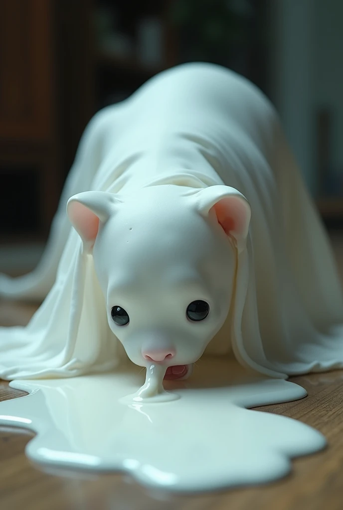 High-resolution photo of a sheet ghost crawling on all fours and licking milk from the floor