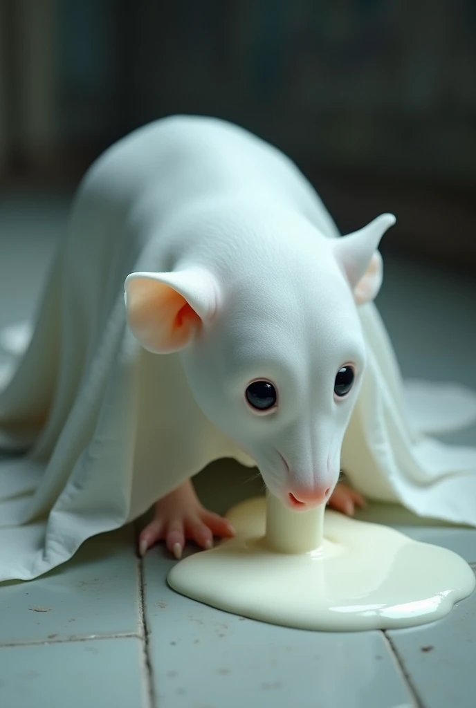 High-resolution photo of a sheet ghost crawling on all fours and licking milk from the floor