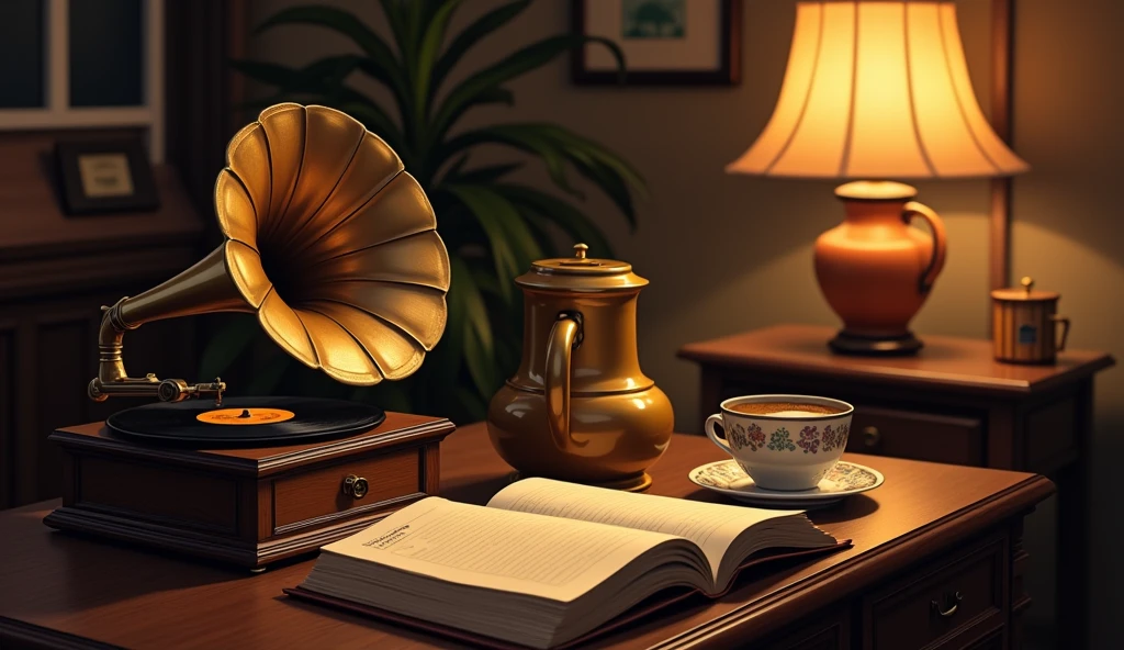 Records and gramophone、coffee、JAZZ、melody、Anime Style、night、American cafe