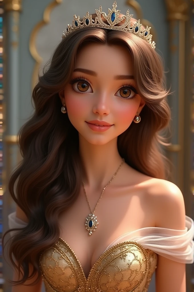 Beautiful Princess, with brown hair that is long and very shiny with blonde highlights, who has pale skin and brown eyes. She is the sister of Prince Ben from the Descendants movie., She must also wear a princess dress and have a crown.